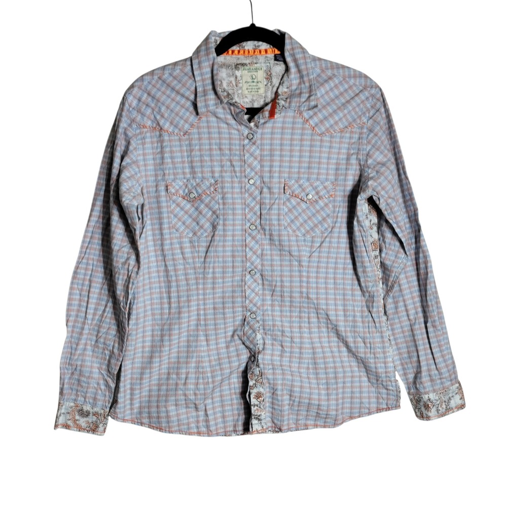 Panhandle Rough Stock Womens Blue Orange Plaid Floral Western Snap Shirt R4S5733